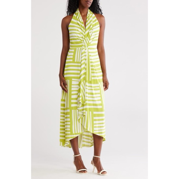 NWT Calvin Klein Knot Front Sleeveless Maxi Dress Abstract Print in Celery White - Picture 1 of 3